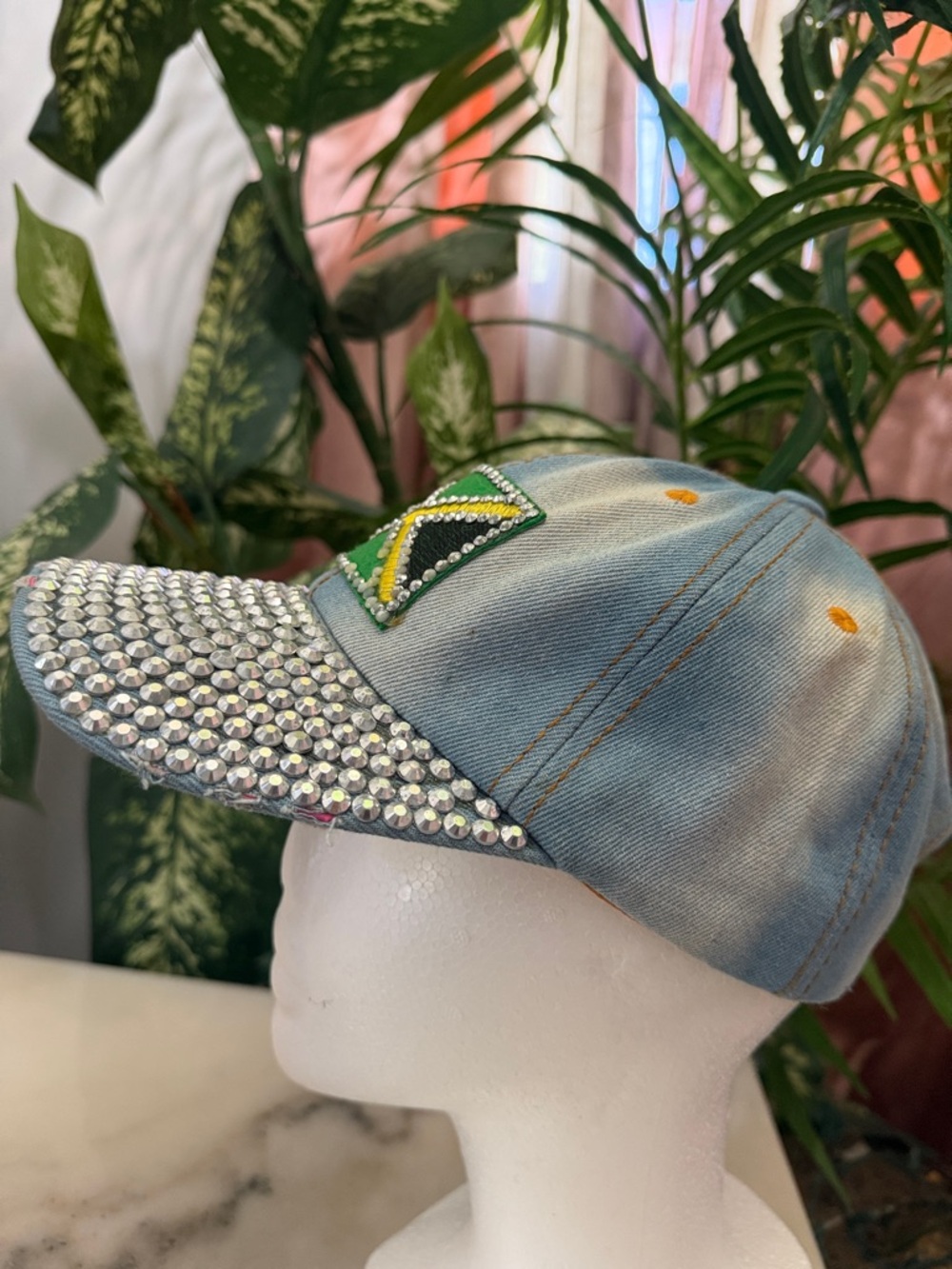 Stylish Denim Cap with Rhinestones and Jamaica ๐ฏ๐ฒ Flag Patch - Picture 12 of 13